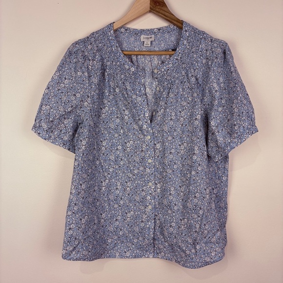 J. Crew Tops - J. Crew Linen Blend Blue Floral Blouse Puff Sleeve Cottagecore Coquette